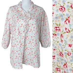 Lanz of Salzburg Floral BLOUSE TOP 3X Ditsy Ruffle Cottagecore popover Button